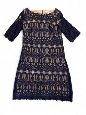 Eliza J Navy Lace Overlay Sheath Dress with Nude Lining